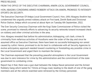 Press Release by the Ankpa L.G.A Chairman