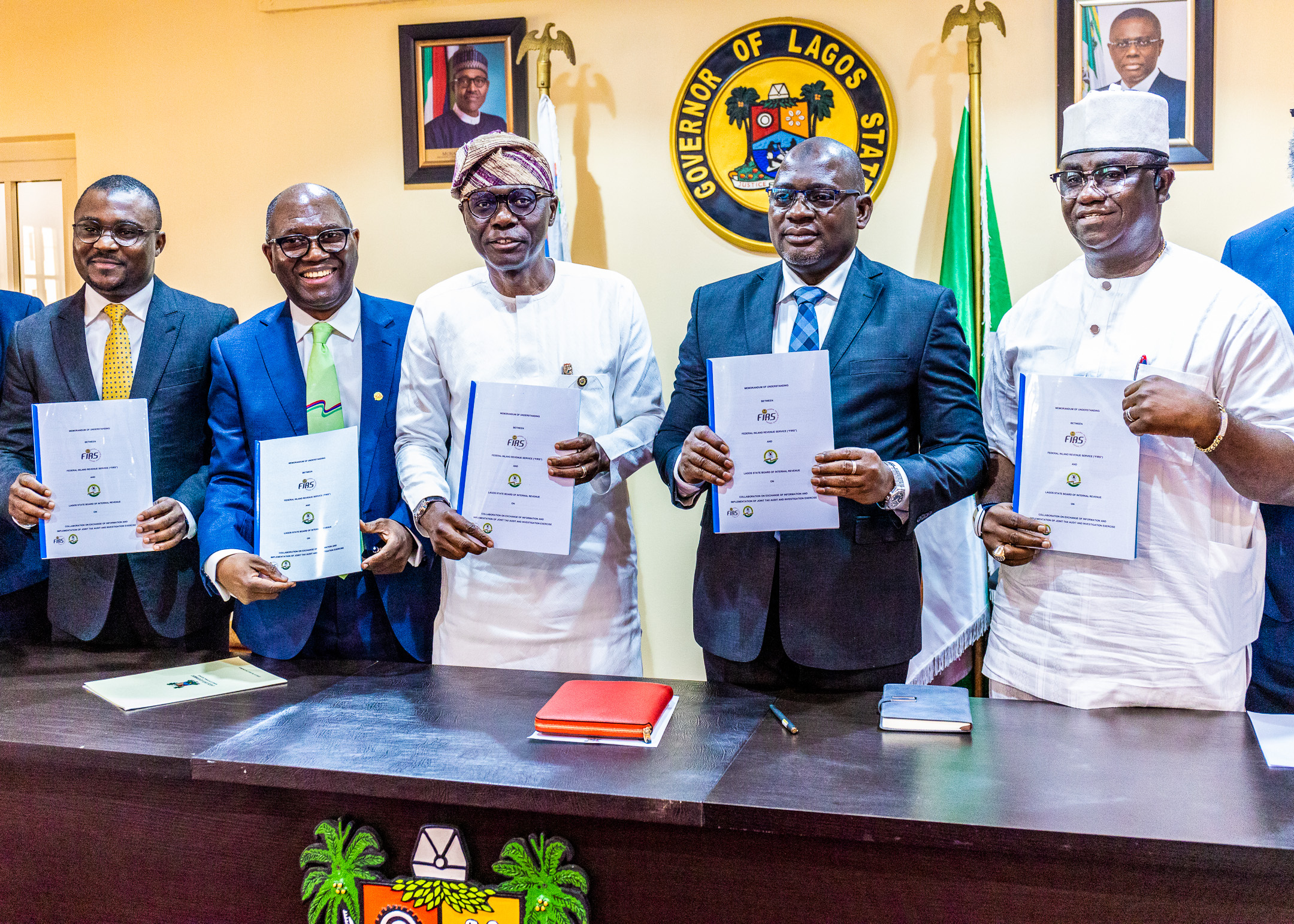 (R-L) Honourable Minister of State for Budget and National Planning, Prince Clem Agba; Executive Chairman, FIRS, Muhammad Nami; Governor of Lagos State, H.E Babajide Sanwo-Olu; Executive Chairman, Lagos State Internal Revenue Service, Ayodele Subair; during the signing of Memorandum of Understanding (MoU) between Federal Inland Revenue Service (FIRS) and Lagos State Internal Revenue Service, on collaboration on Exchange of Information and implementation of Joint Tax Audit and Investigation Exercise, at the State House, Marina, Lagos State. 6th February 2023.