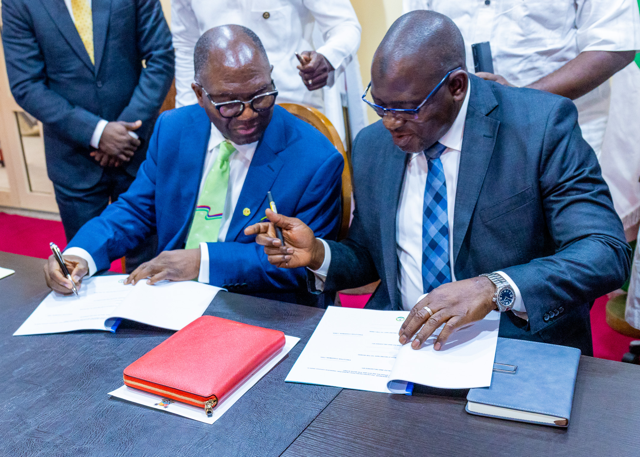 (L-R) Executive Chairman of the Lagos State Internal Revenue Service, Ayodele Subair and Executive Chairman, FIRS, Muhammad Nami during the signing of Memorandum of Understanding (MoU) between Federal Inland Revenue Service (FIRS) and Lagos State Internal Revenue Service, on collaboration on Exchange of Information and implementation of Joint Tax Audit and Investigation Exercise, at the State House, Marina, Lagos State. 6th February 2023.