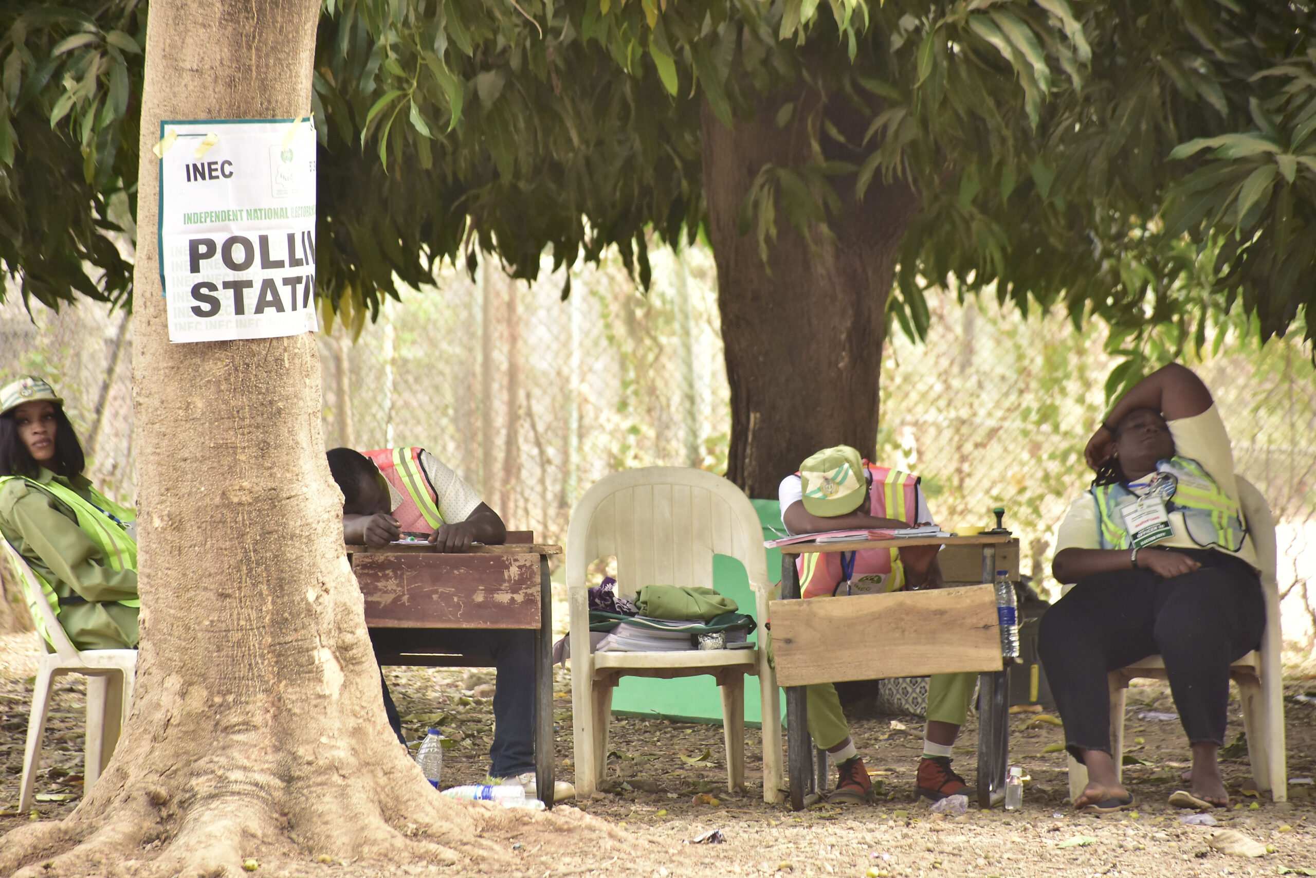 The Independent National Electoral Commission (INEC) ad-hoc staff sleeping at a polling unit in Wuse, Abuja as low turnout of voters mars the Federal Capital Territory (FCT) Area Council elections held in Abuja on the 21th February, 2026